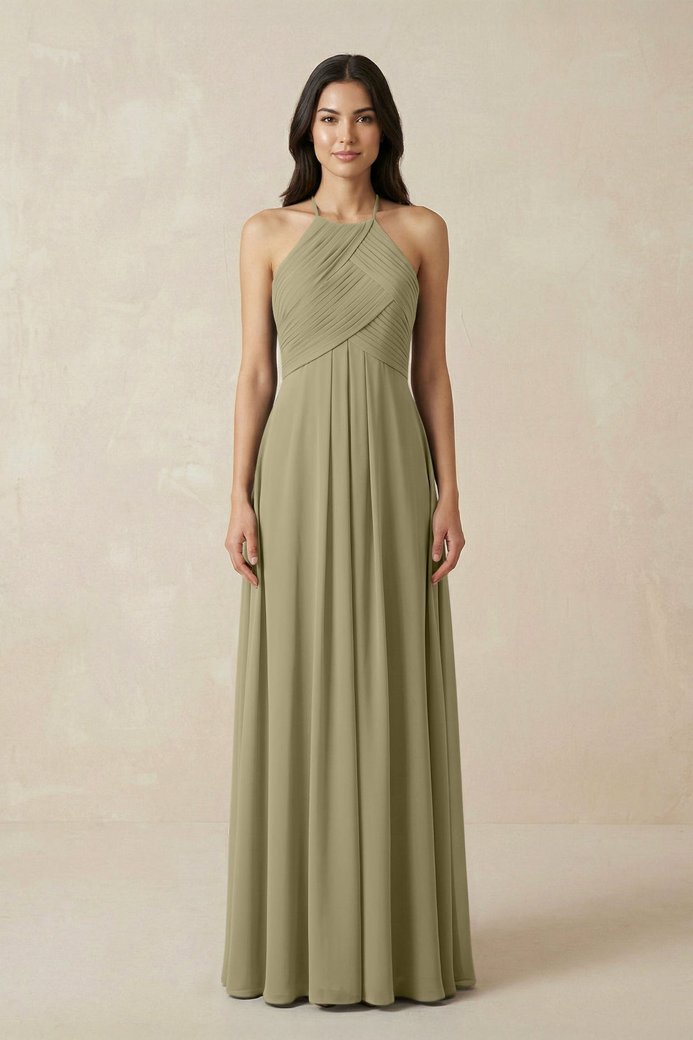 A-Line Halter Neck Pleated Chiffon Bridesmaid Dress in Thyme - KISS BRIDAL BRIDESMAID DRESSES