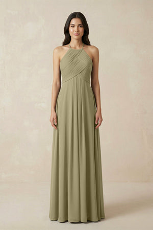A-Line Halter Neck Pleated Chiffon Bridesmaid Dress in Thyme - KISS BRIDAL BRIDESMAID DRESSES