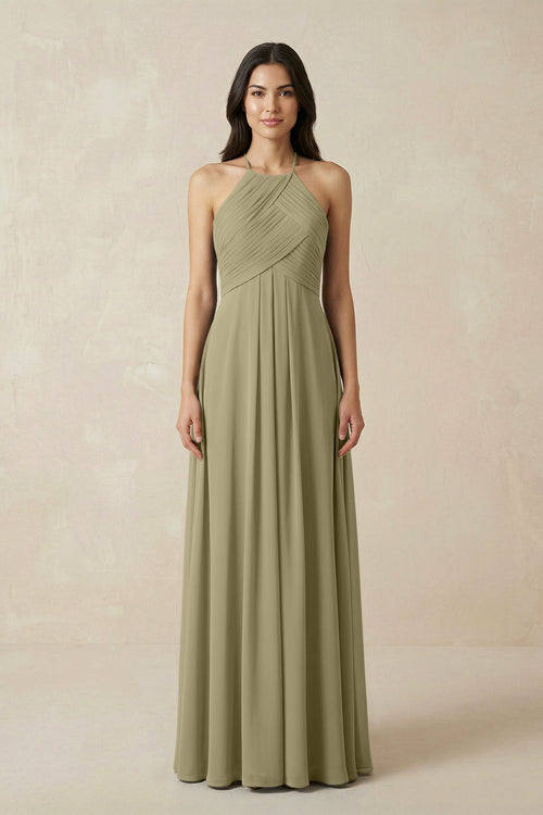 A-Line Halter Neck Pleated Chiffon Bridesmaid Dress in Thyme - KISS BRIDAL BRIDESMAID DRESSES