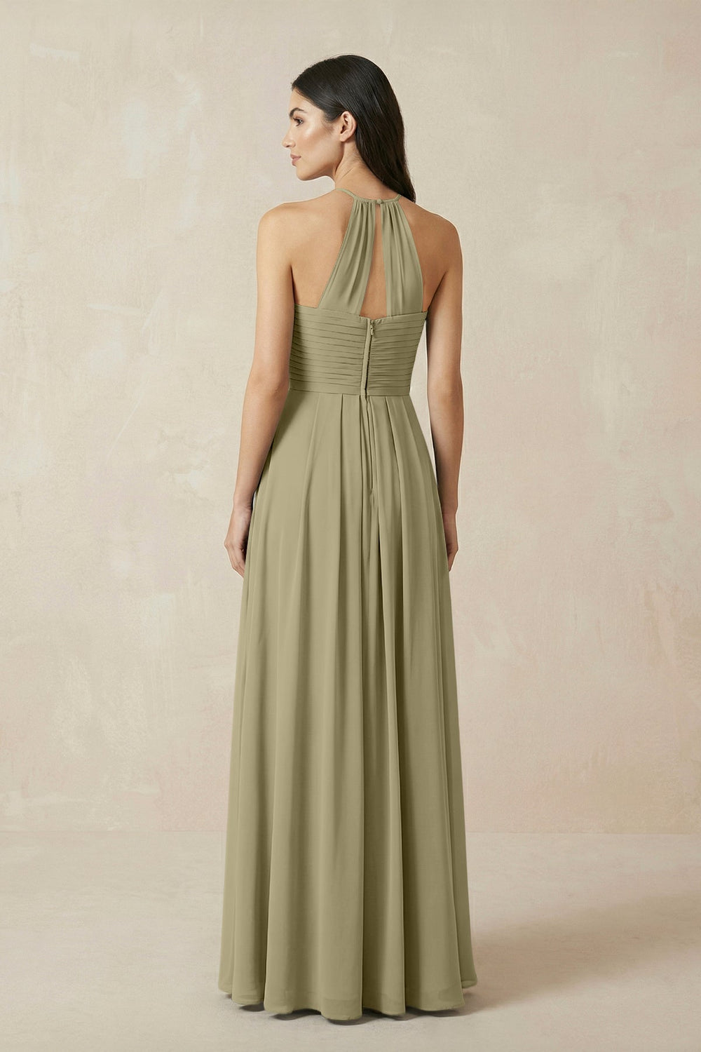 A-Line Halter Neck Pleated Chiffon Bridesmaid Dress in Thyme - KISS BRIDAL BRIDESMAID DRESSES