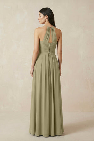 A-Line Halter Neck Pleated Chiffon Bridesmaid Dress in Thyme - KISS BRIDAL BRIDESMAID DRESSES
