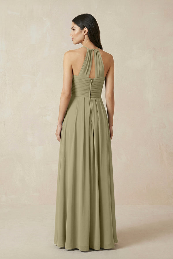 A-Line Halter Neck Pleated Chiffon Bridesmaid Dress in Thyme - KISS BRIDAL BRIDESMAID DRESSES