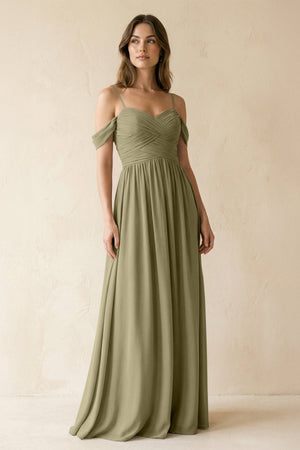 A-Line Off-the-Shoulder Pleated Chiffon Bridesmaid Dress in Thyme - SHE IS ME BRIDESMAID DRESSES