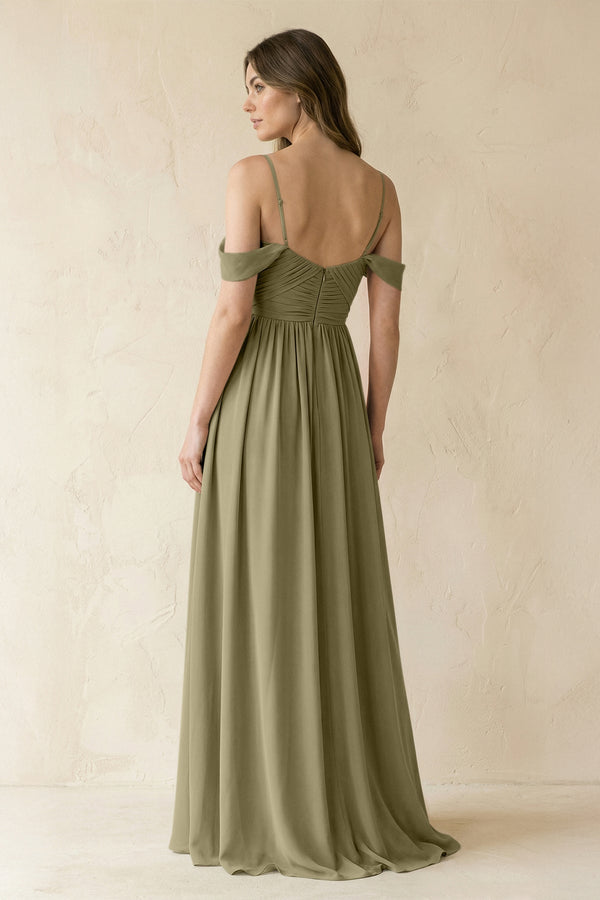 A-Line Off-the-Shoulder Pleated Chiffon Bridesmaid Dress in Thyme - SHE IS ME BRIDESMAID DRESSES