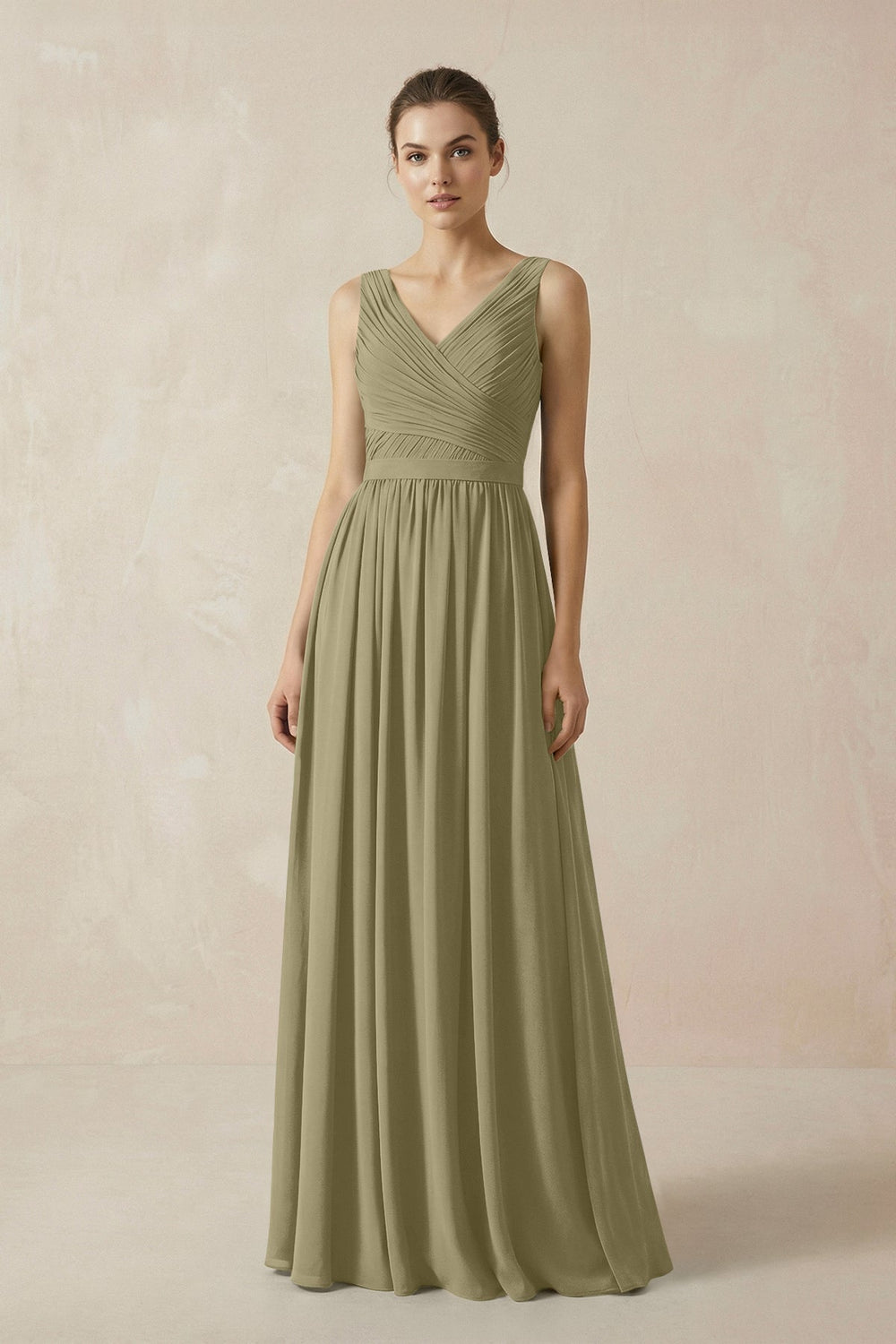 A-Line V-Neck Pleated Chiffon Bridesmaid Dress in Thyme - KISS BRIDAL BRIDESMAID DRESSES
