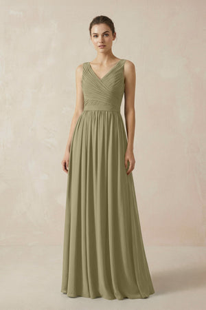 A-Line V-Neck Pleated Chiffon Bridesmaid Dress in Thyme - SHE IS ME BRIDESMAID DRESSES