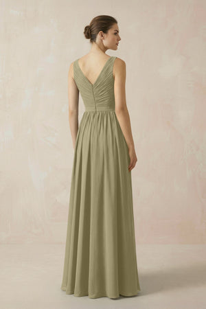 A-Line V-Neck Pleated Chiffon Bridesmaid Dress in Thyme - SHE IS ME BRIDESMAID DRESSES