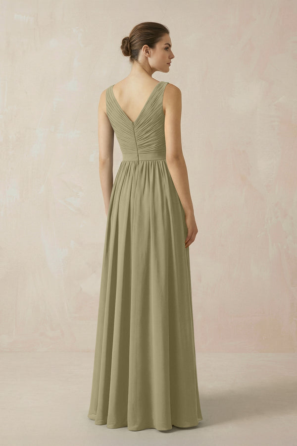 A-Line V-Neck Pleated Chiffon Bridesmaid Dress in Thyme - SHE IS ME BRIDESMAID DRESSES