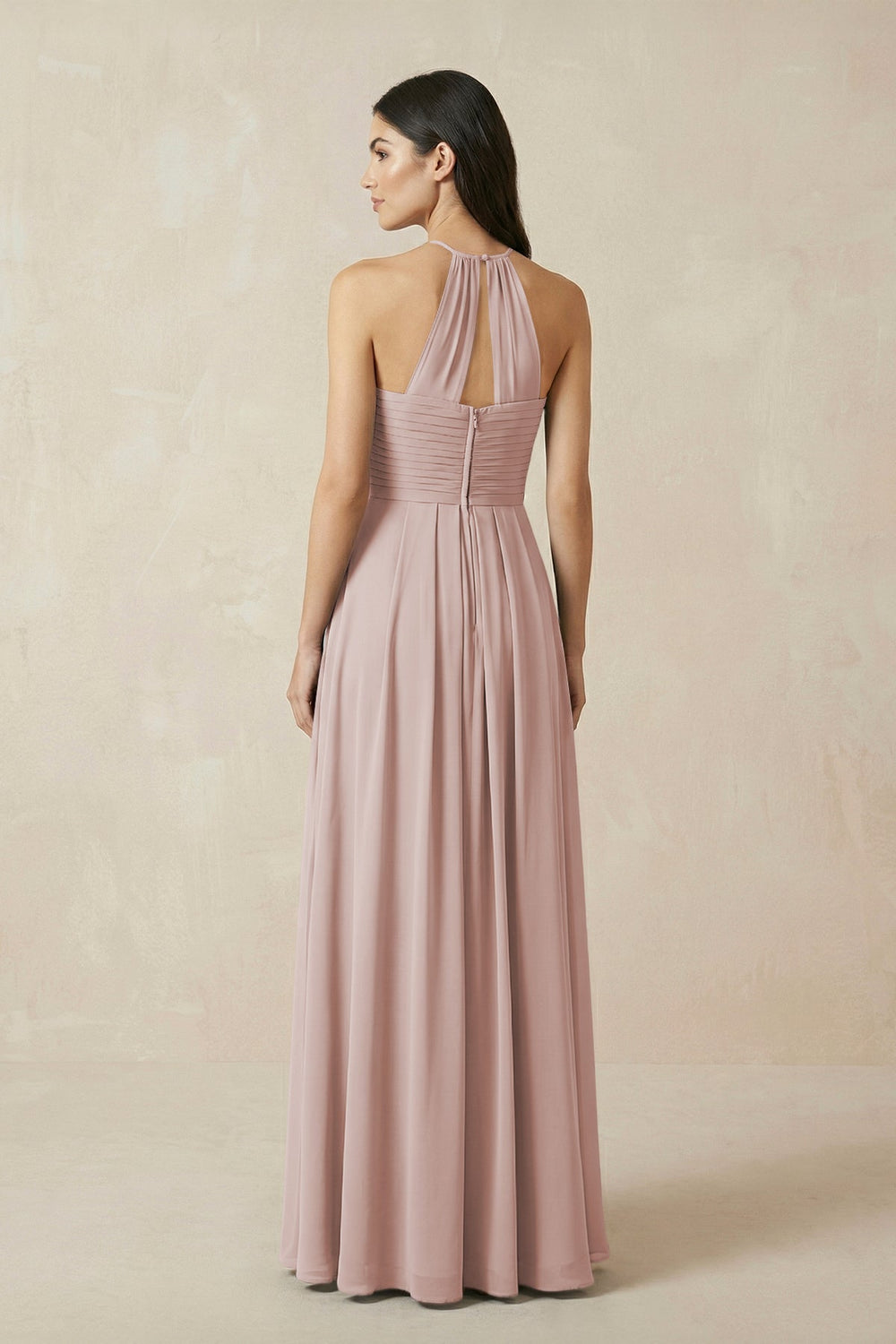 A-Line Halter Neck Pleated Chiffon Bridesmaid Dress in Toffee - KISS BRIDAL BRIDESMAID DRESSES