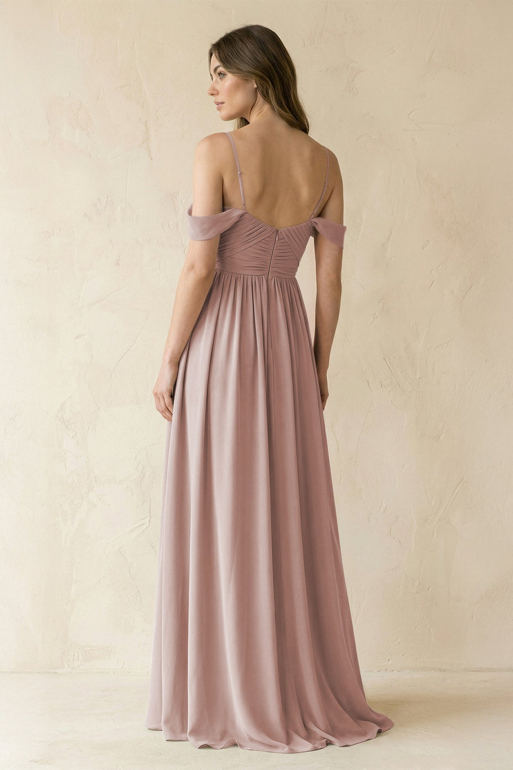 A-Line Off-the-Shoulder Pleated Chiffon Bridesmaid Dress in Toffee - KISS BRIDAL BRIDESMAID DRESSES