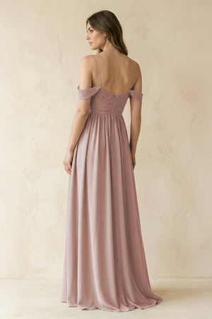 A-Line Off-the-Shoulder Pleated Chiffon Bridesmaid Dress in Toffee - SHE IS ME BRIDESMAID DRESSES