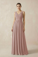 A-Line V-Neck Pleated Chiffon Bridesmaid Dress in Toffee - SHE IS ME BRIDESMAID DRESSES