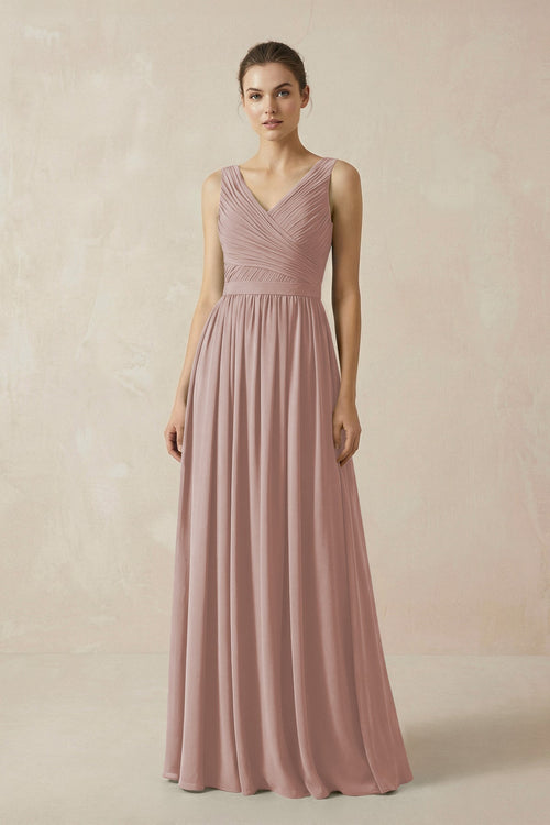 A-Line V-Neck Pleated Chiffon Bridesmaid Dress in Toffee - SHE IS ME BRIDESMAID DRESSES