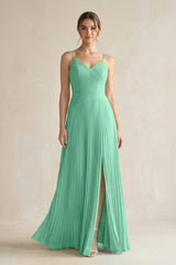 Pleated A-Line Long Chiffon Bridesmaid Dress in Turquoise