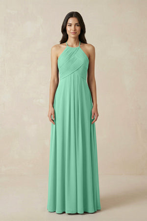 A-Line Halter Neck Pleated Chiffon Bridesmaid Dress in Turquoise - KISS BRIDAL BRIDESMAID DRESSES