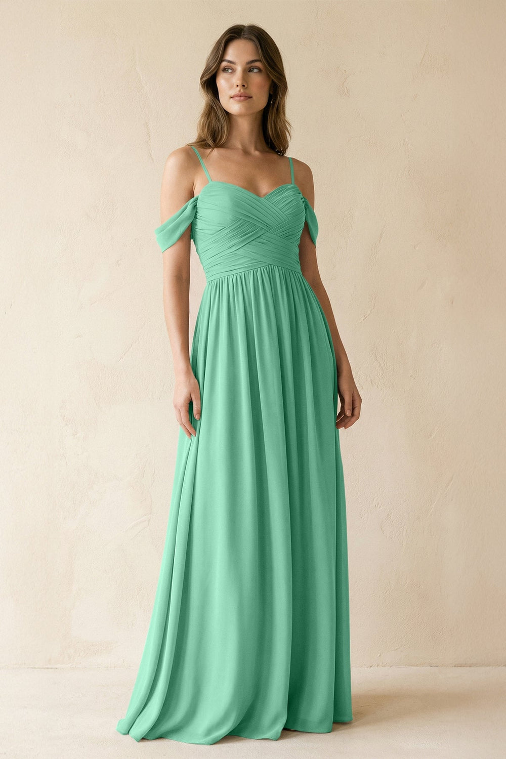 A-Line Off-the-Shoulder Pleated Chiffon Bridesmaid Dress in Turquoise - KISS BRIDAL BRIDESMAID DRESSES