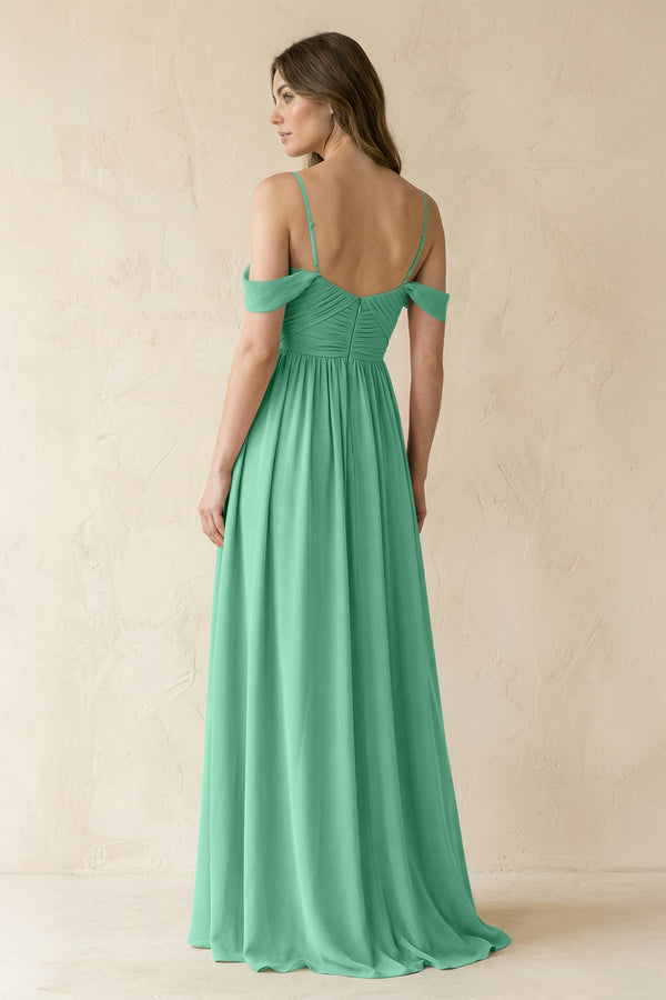 A-Line Off-the-Shoulder Pleated Chiffon Bridesmaid Dress in Turquoise - SHE IS ME BRIDESMAID DRESSES