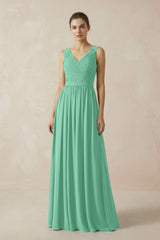 A-Line V-Neck Pleated Chiffon Bridesmaid Dress in Turquoise - KISS BRIDAL BRIDESMAID DRESSES