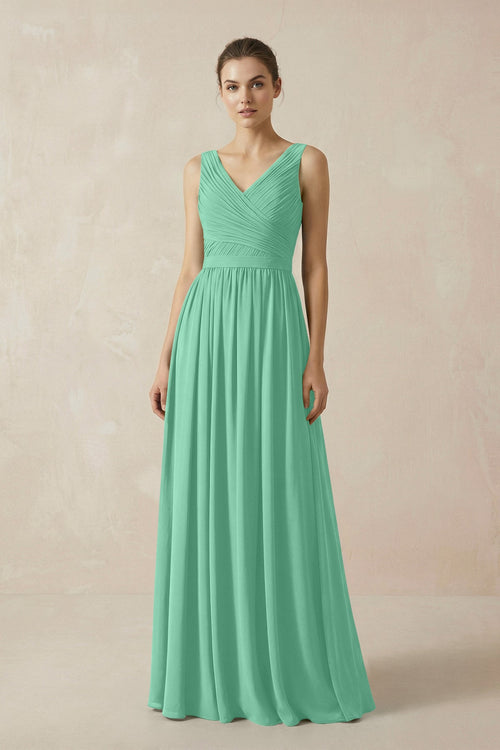 A-Line V-Neck Pleated Chiffon Bridesmaid Dress in Turquoise - SHE IS ME BRIDESMAID DRESSES