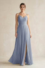 Pleated A-Line Long Chiffon Bridesmaid Dress in Twilight