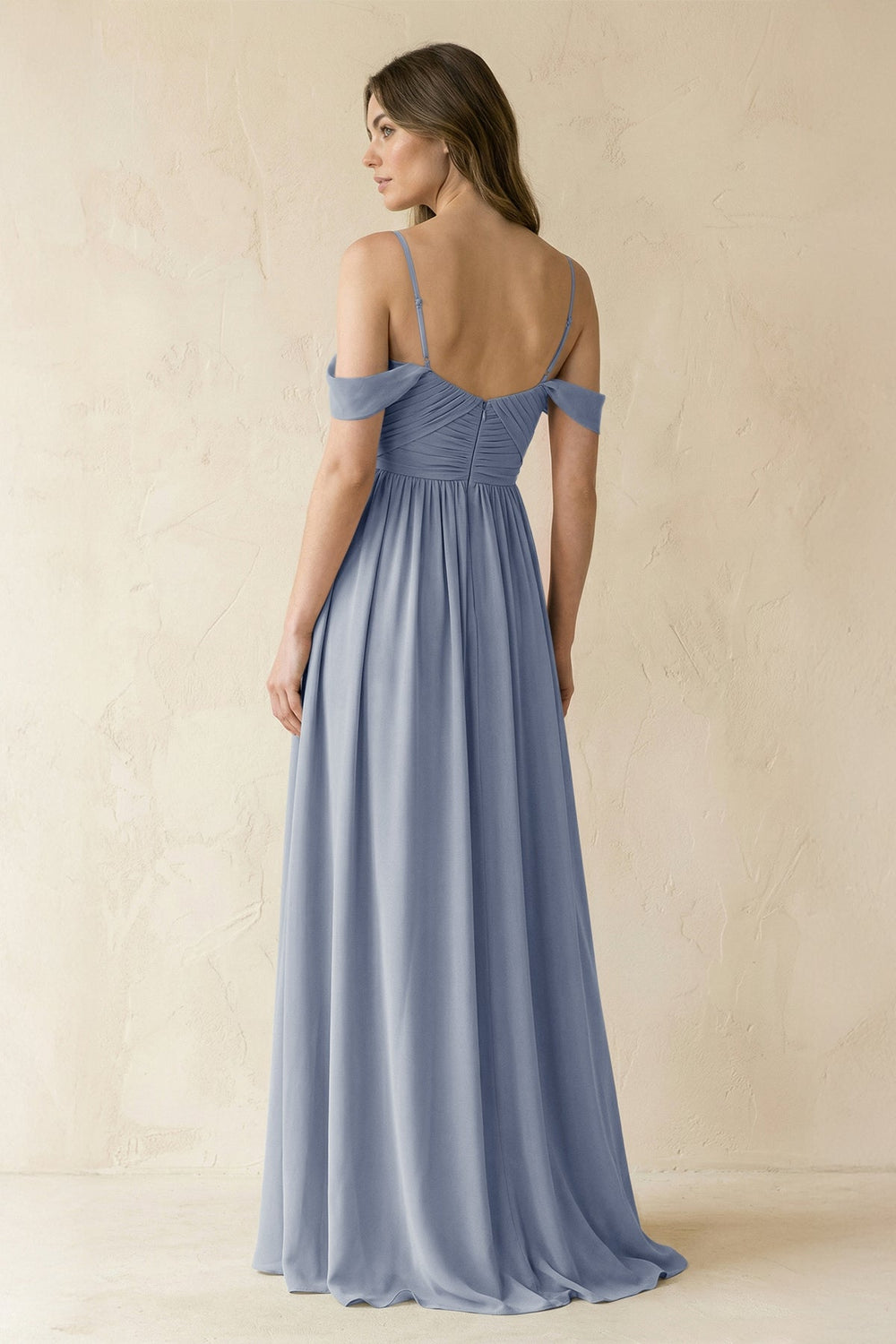 A-Line Off-the-Shoulder Pleated Chiffon Bridesmaid Dress in Twilight - KISS BRIDAL BRIDESMAID DRESSES
