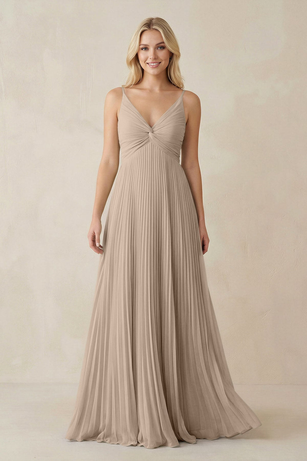 Pleated V - Neck A - Line Chiffon Bridesmaid Dress in Almond - KISS BRIDAL Bridesmaid Dresses