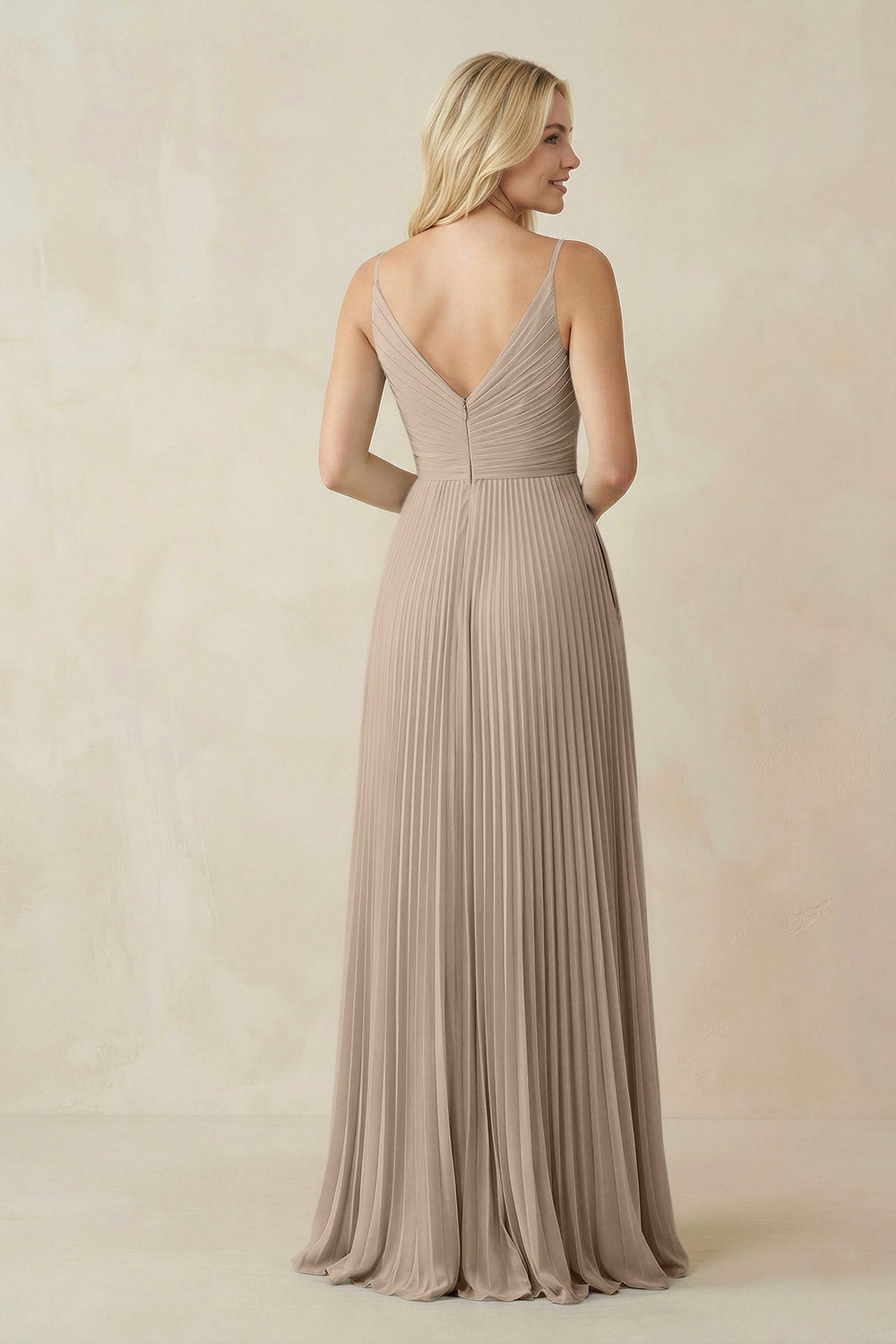 Pleated V - Neck A - Line Chiffon Bridesmaid Dress in Almond - KISS BRIDAL Bridesmaid Dresses