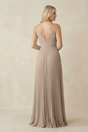 Pleated V - Neck A - Line Chiffon Bridesmaid Dress in Almond - KISS BRIDAL Bridesmaid Dresses