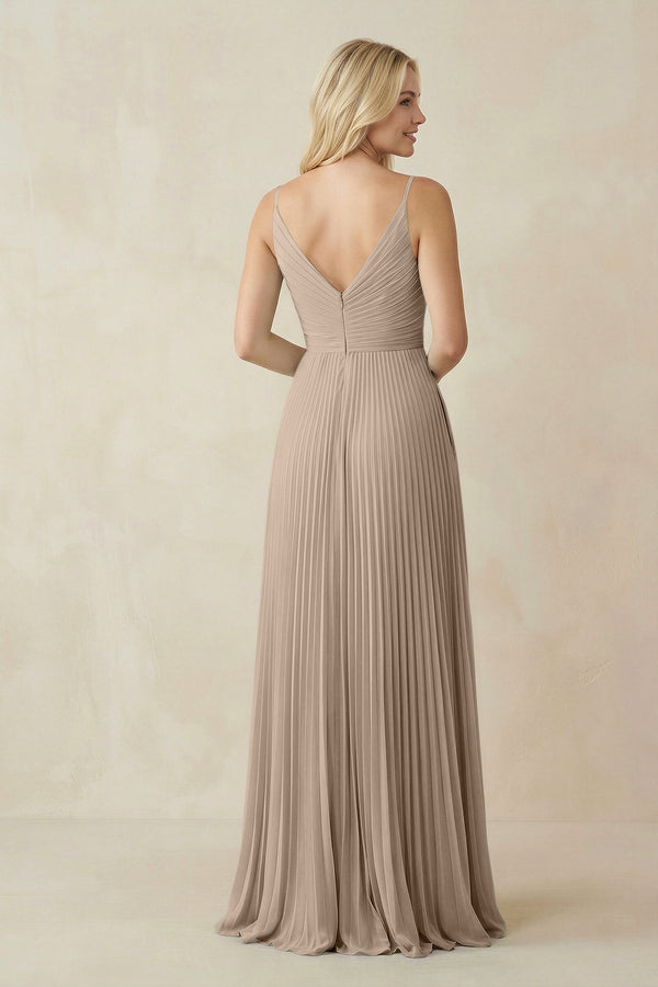 Pleated V - Neck A - Line Chiffon Bridesmaid Dress in Almond - KISS BRIDAL Bridesmaid Dresses