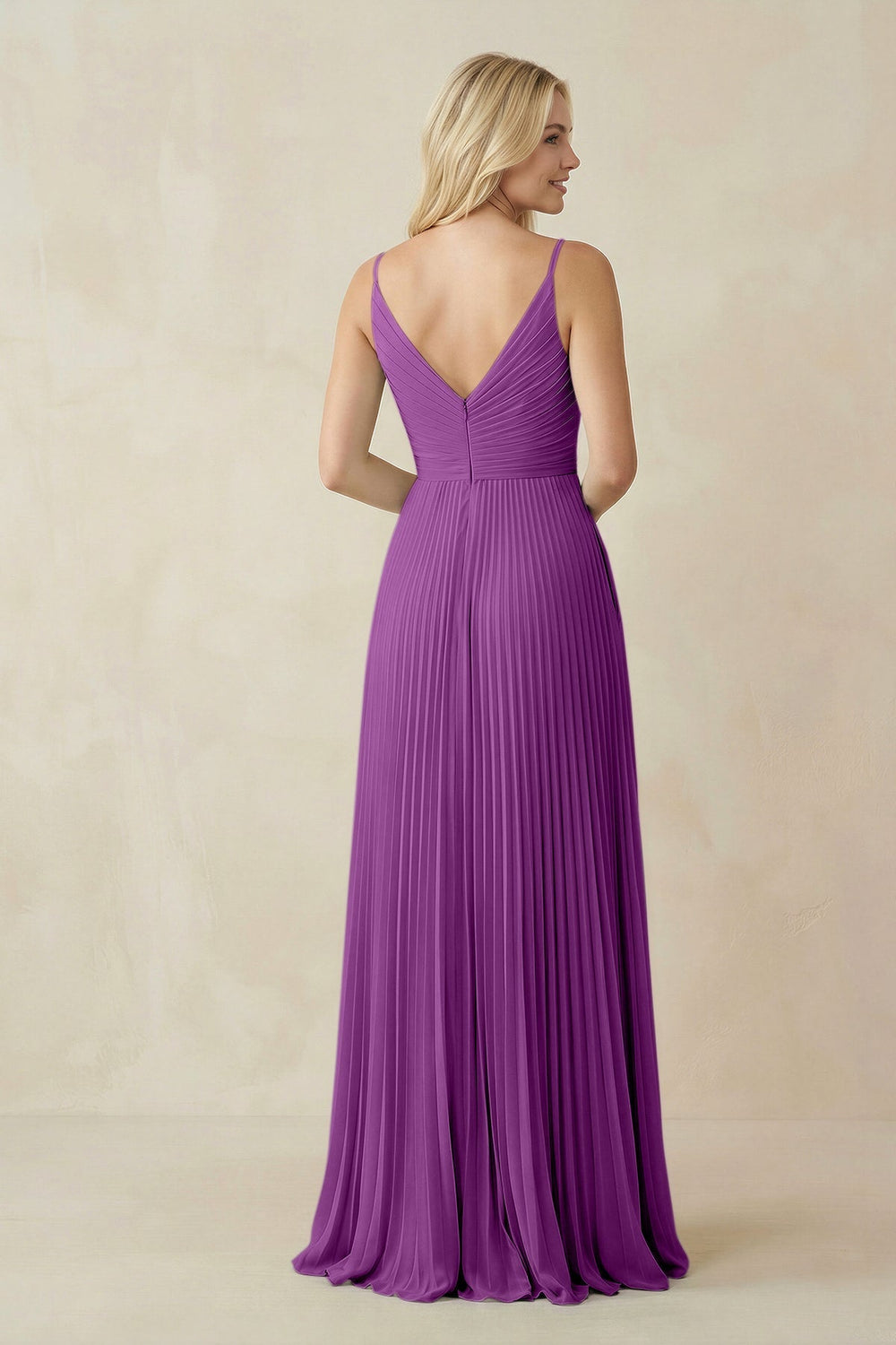 Pleated V - Neck A - Line Chiffon Bridesmaid Dress in Amethyst - KISS BRIDAL Bridesmaid Dresses