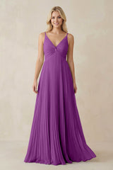 Pleated V - Neck A - Line Chiffon Bridesmaid Dress in Amethyst - KISS BRIDAL Bridesmaid Dresses