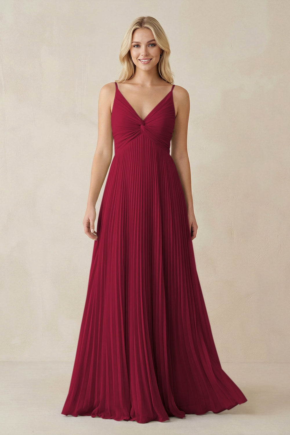 Pleated V - Neck A - Line Chiffon Bridesmaid Dress in Berry - KISS BRIDAL Bridesmaid Dresses