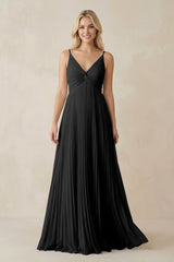 Pleated V - Neck A - Line Chiffon Bridesmaid Dress in Black - KISS BRIDAL Bridesmaid Dresses