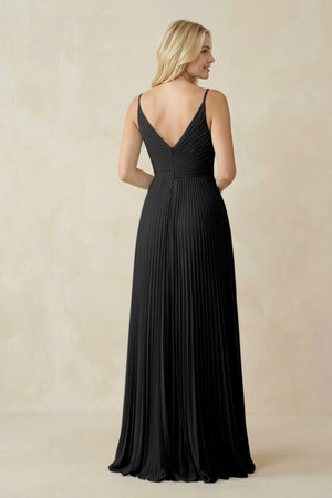 Pleated V - Neck A - Line Chiffon Bridesmaid Dress in Black - KISS BRIDAL Bridesmaid Dresses