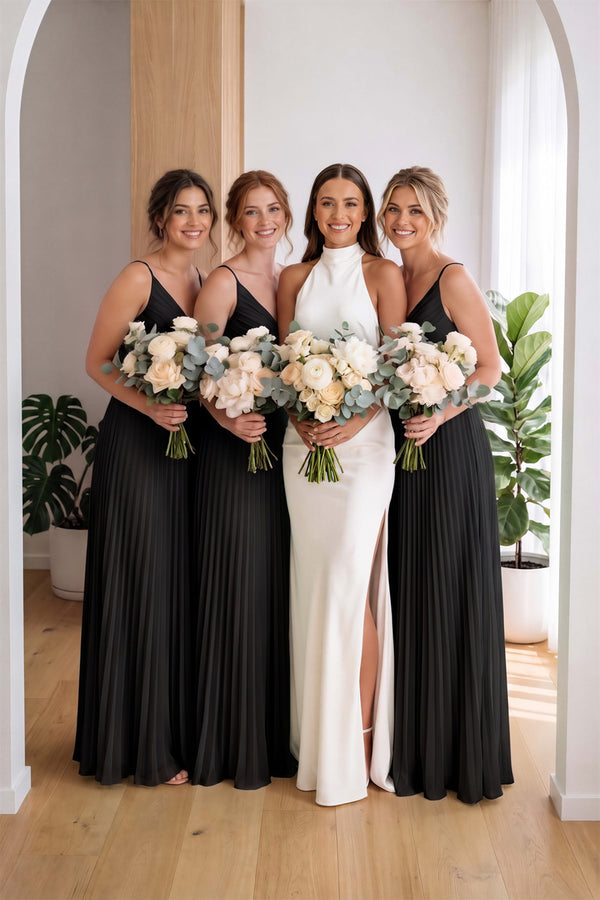 Pleated V - Neck A - Line Chiffon Bridesmaid Dress in Black - KISS BRIDAL Bridesmaid Dresses