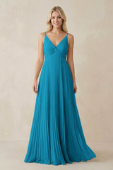Pleated V - Neck A - Line Chiffon Bridesmaid Dress in Blue Jay - KISS BRIDAL Bridesmaid Dresses