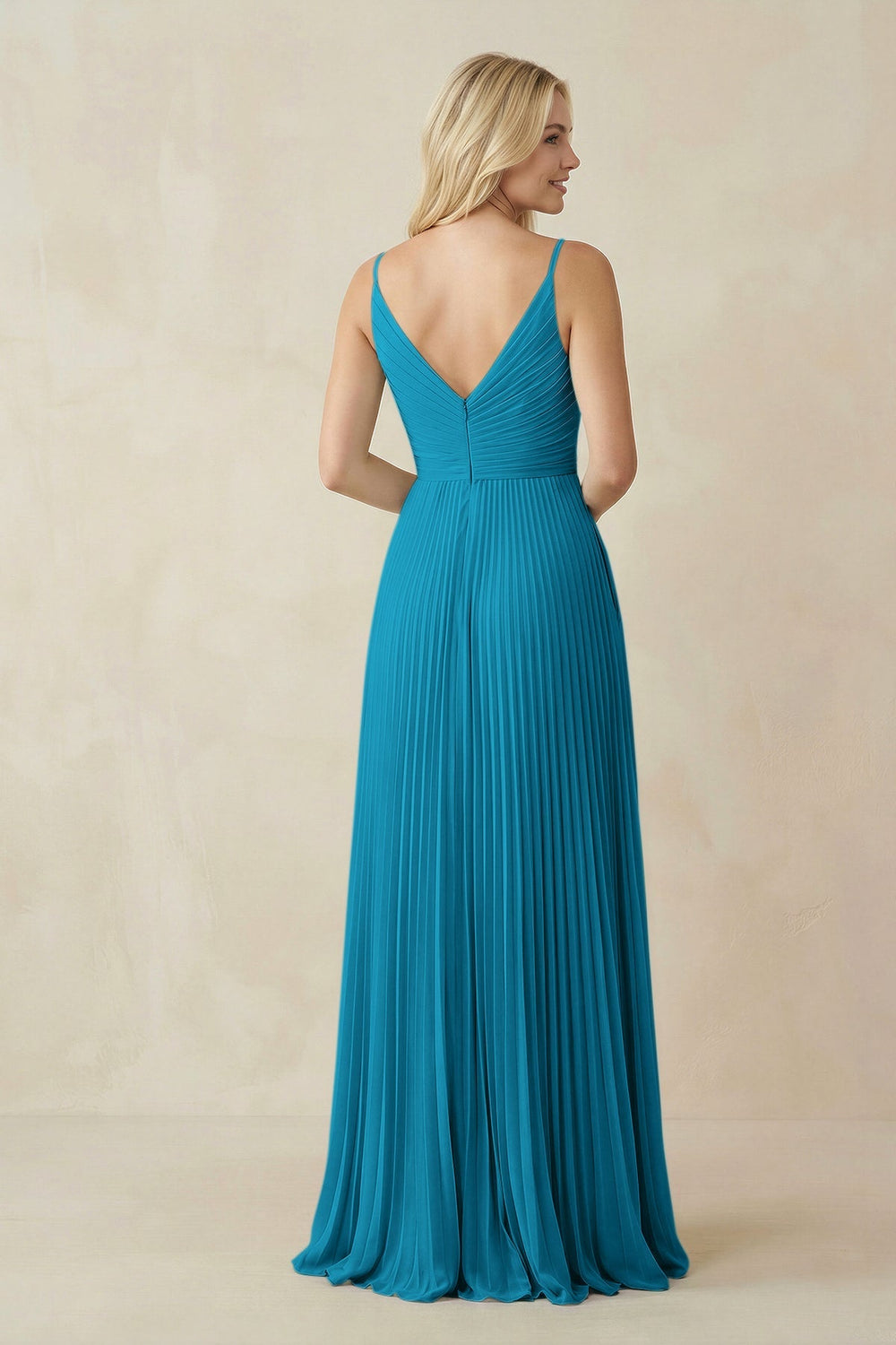 Pleated V - Neck A - Line Chiffon Bridesmaid Dress in Blue Jay - KISS BRIDAL Bridesmaid Dresses