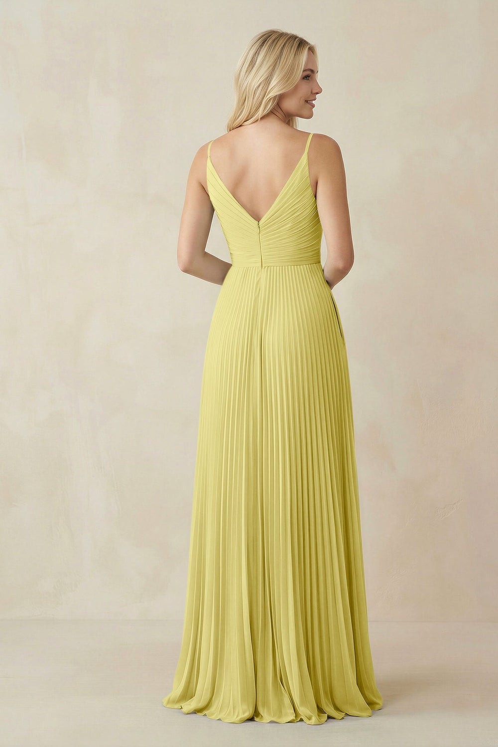 Pleated V - Neck A - Line Chiffon Bridesmaid Dress in Buttercup - KISS BRIDAL Bridesmaid Dresses