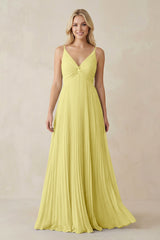 Pleated V - Neck A - Line Chiffon Bridesmaid Dress in Buttercup - KISS BRIDAL Bridesmaid Dresses