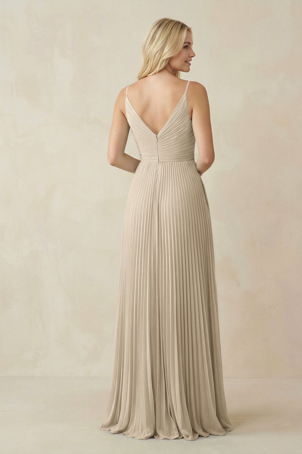 Pleated V - Neck A - Line Chiffon Bridesmaid Dress in Champagne - KISS BRIDAL Bridesmaid Dresses