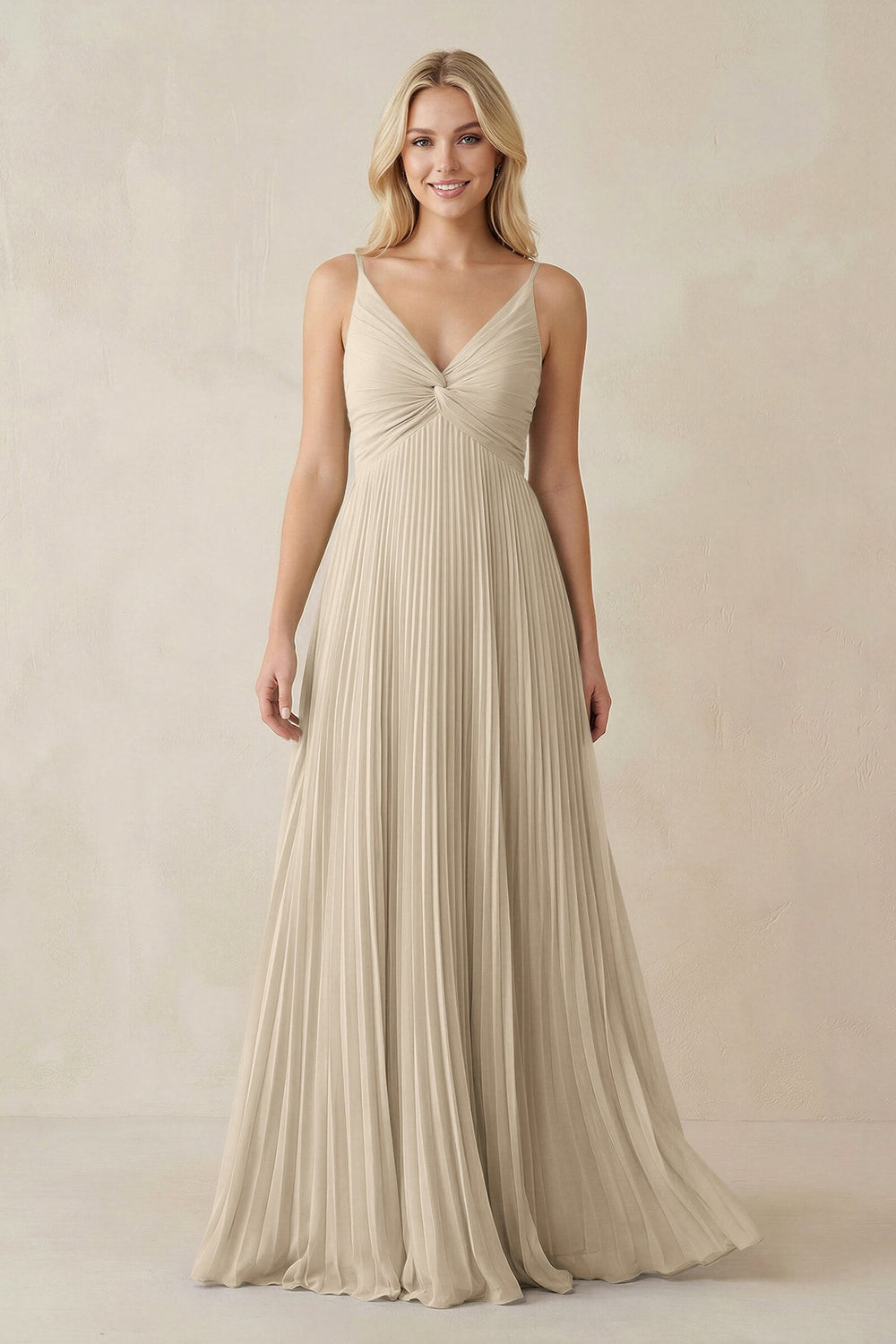 Pleated V - Neck A - Line Chiffon Bridesmaid Dress in Champagne - KISS BRIDAL Bridesmaid Dresses