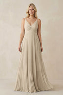 Pleated V - Neck A - Line Chiffon Bridesmaid Dress in Champagne - KISS BRIDAL Bridesmaid Dresses