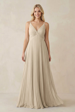 Pleated V - Neck A - Line Chiffon Bridesmaid Dress in Champagne - KISS BRIDAL Bridesmaid Dresses