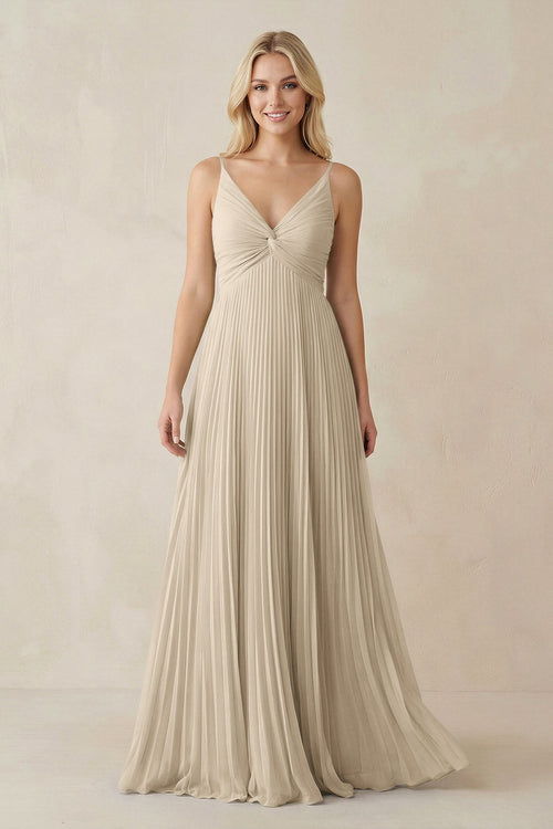 Pleated V - Neck A - Line Chiffon Bridesmaid Dress in Champagne - KISS BRIDAL Bridesmaid Dresses
