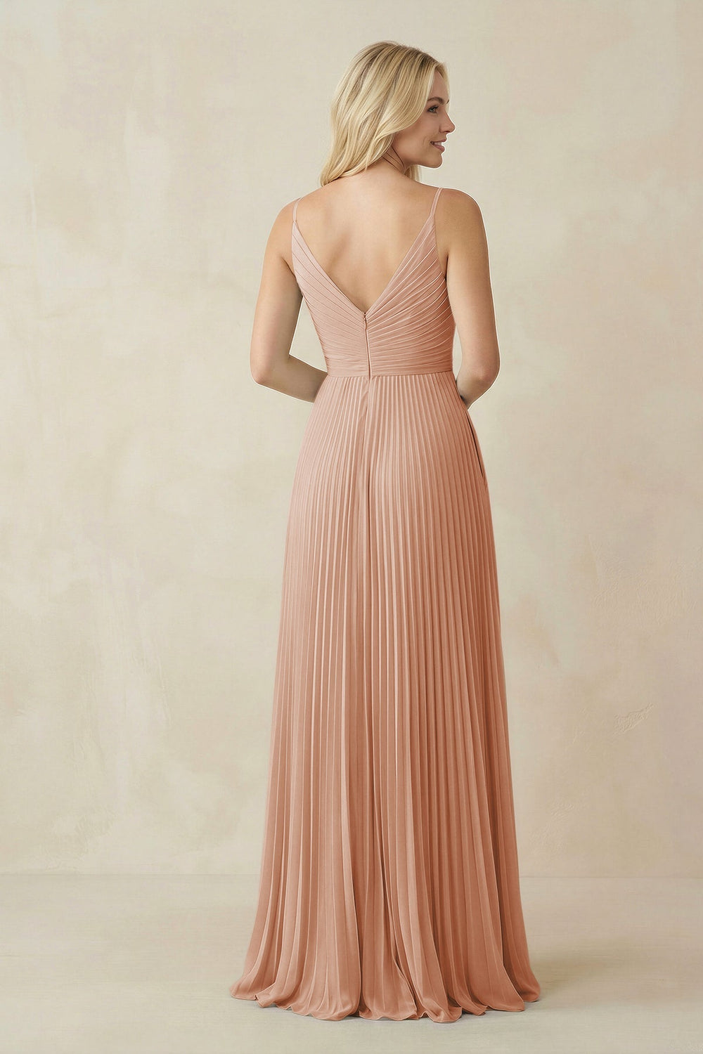 Pleated V - Neck A - Line Chiffon Bridesmaid Dress in Champagne Rose - KISS BRIDAL Bridesmaid Dresses