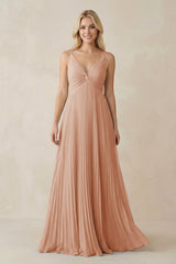 Pleated V - Neck A - Line Chiffon Bridesmaid Dress in Champagne Rose - KISS BRIDAL Bridesmaid Dresses