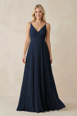 Pleated V - Neck A - Line Chiffon Bridesmaid Dress in Dark Navy - KISS BRIDAL Bridesmaid Dresses