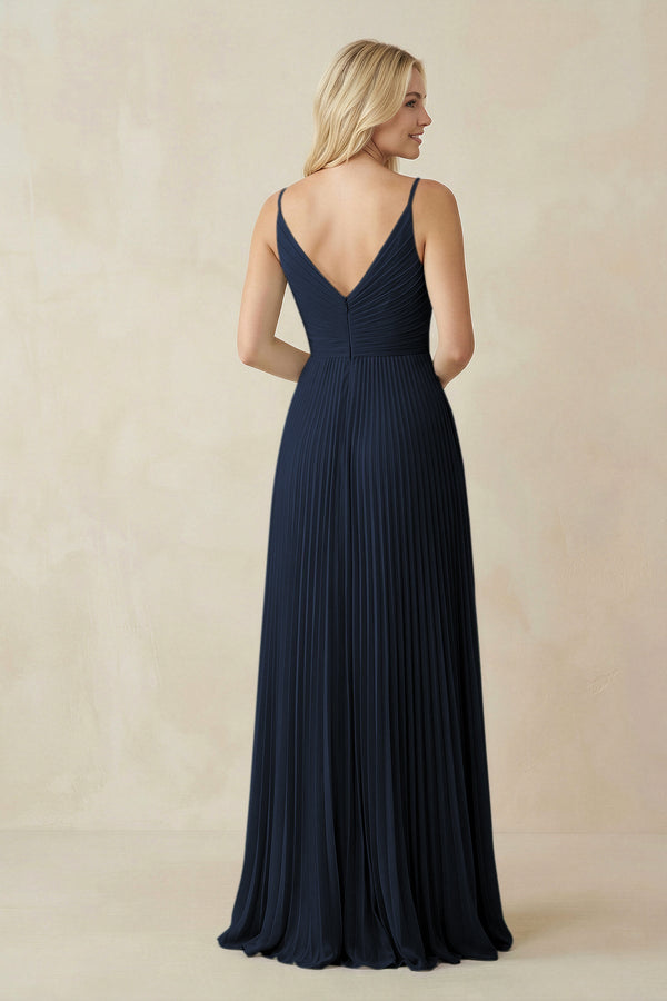Pleated V - Neck A - Line Chiffon Bridesmaid Dress in Dark Navy - KISS BRIDAL Bridesmaid Dresses