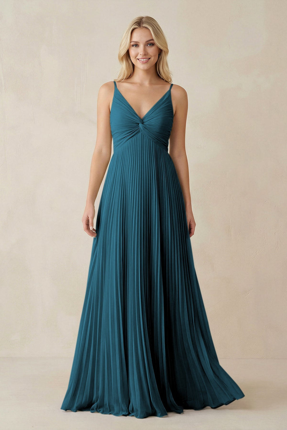 Pleated V - Neck A - Line Chiffon Bridesmaid Dress in Dark Teal - KISS BRIDAL Bridesmaid Dresses
