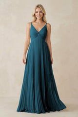 Pleated V - Neck A - Line Chiffon Bridesmaid Dress in Dark Teal - KISS BRIDAL Bridesmaid Dresses